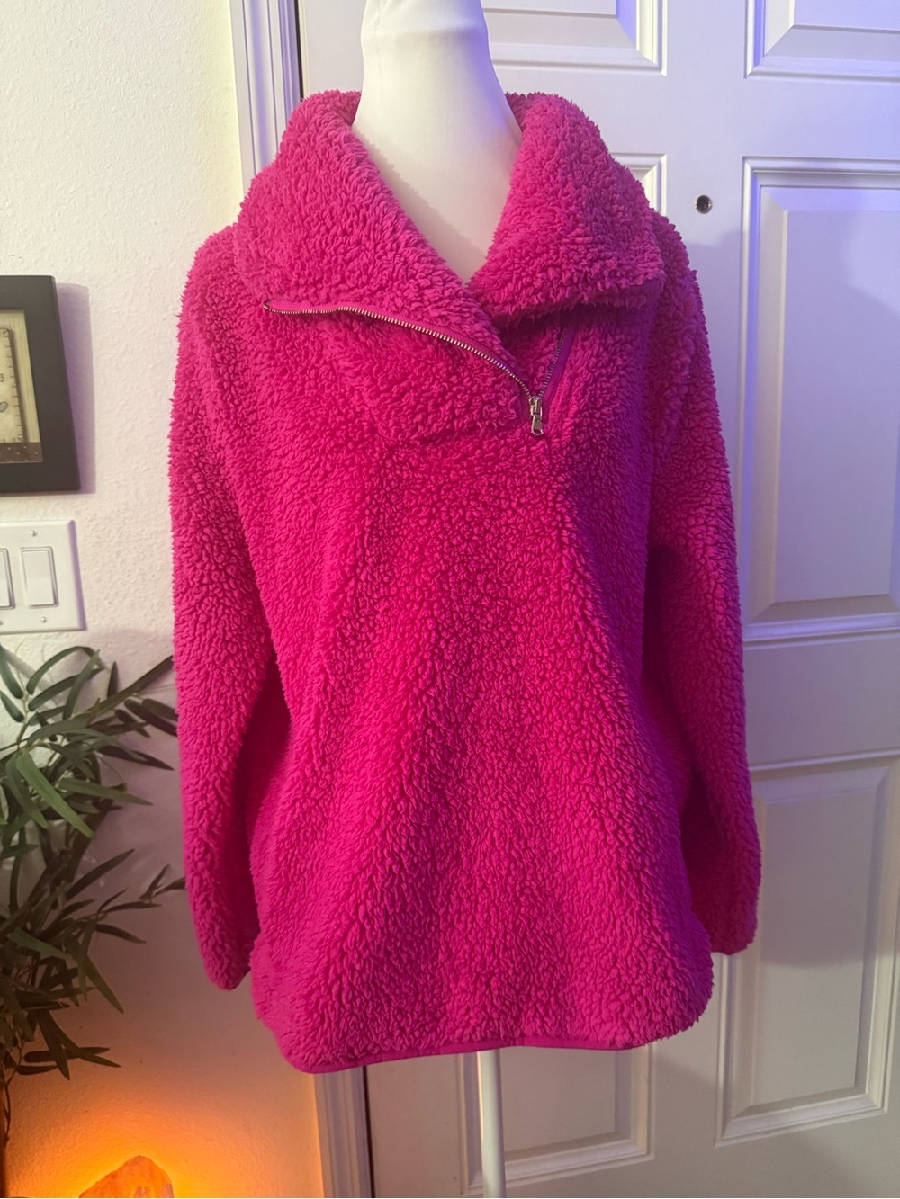 Talbots Petite Hot Pink Sherpa Asymmetrical Zip Jacket LP - Picture 2 of 9